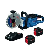 Sierra circular Bosch GCS18V-230 con baterías CORE18V y cargador.