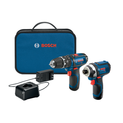 Juego de taladro/atornillador y atornillador de impacto Bosch, cargador y maletín de transporte azul. El taladro/atornillador tiene ajustes 1.0-15.0. El atornillador de impacto indica LITHIUM-ION 12.