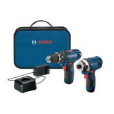 Juego de taladro/atornillador y atornillador de impacto Bosch, cargador y maletín de transporte azul. El taladro/atornillador tiene ajustes 1.0-15.0. El atornillador de impacto indica LITHIUM-ION 12.