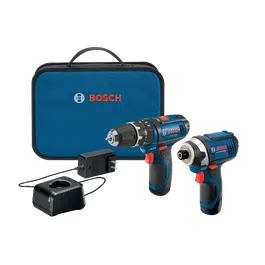 Juego de taladro/atornillador y atornillador de impacto Bosch, cargador y maletín de transporte azul. El taladro/atornillador tiene ajustes 1.0-15.0. El atornillador de impacto indica LITHIUM-ION 12.