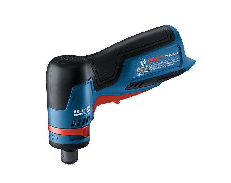 Bosch GWG12V-20S herramienta con motor sin escobillas; texto de advertencia visible.