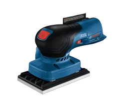 Lijadora Bosch GSS12V-40 con botón de encendido, control de velocidad y etiqueta de advertencia.