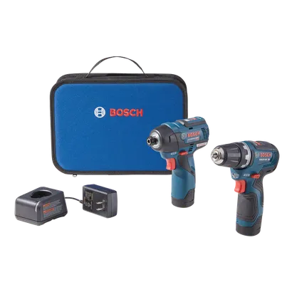 Juego de herramientas Bosch que incluye un taladro GSR12V-300 HD y un atornillador de impacto a batería, cargador y maletín de transporte azul.