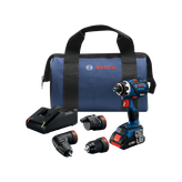 Taladro Bosch GSR18V-535FC con varios accesorios, cargador y bolsa azul, todos con la marca Bosch.