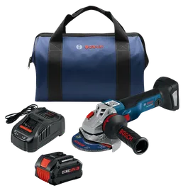 Amoladora angular Bosch GWS18V-43C, cargador, batería y maletín de transporte; texto visible "BOSCH", "CORE18V".