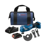 Bosch GOP18V-34 multiherramienta oscilante a batería con batería, cargador, hojas y maletín de transporte.