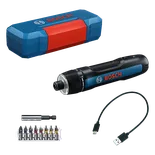 Bosch cordless rechargeable screwdriver GSD4V-35 product image shown with accessories and hard case.