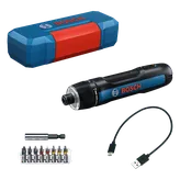 Bosch cordless rechargeable screwdriver GSD4V-35 product image shown with accessories and hard case.