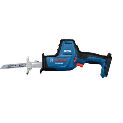 A profile view of Bosch GSA18V-24 compact reciprocating saw including saw blade without battery on transparent background.
