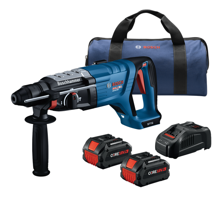 Bosch GBH18V-28DCB28 SDS-plus® Bulldog™ Rotary Hammer Kit shown with two 18V 8 Ah batteries, battery charger and soft bag.