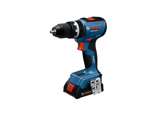 Taladro atornillador percutor inalámbrico Bosch GSB18V-65, imagen del producto con una batería de 2 Ah acoplada.