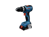 Taladro atornillador percutor inalámbrico Bosch GSB18V-65, imagen del producto con una batería de 2 Ah acoplada.