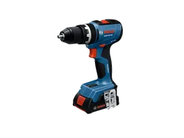 Taladro atornillador percutor inalámbrico Bosch GSB18V-65, imagen del producto con una batería de 2 Ah acoplada.
