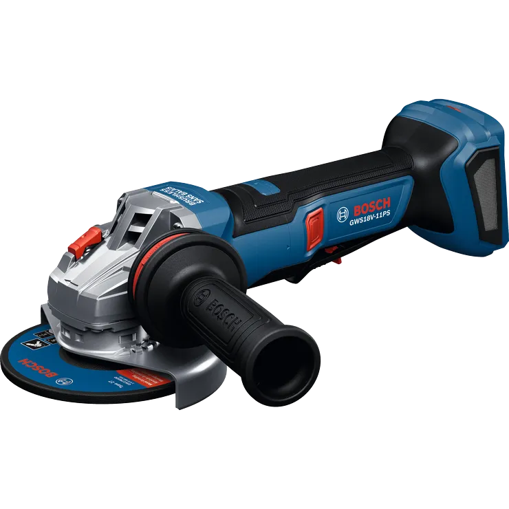 Amoladora angular sin escobillas Bosch GWS18V-11PS con interruptor de palanca antibloqueo de 4-1/2–5" y 18 V, sin batería sobre fondo blanco.