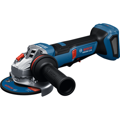 Amoladora angular sin escobillas Bosch GWS18V-11PS con interruptor de palanca antibloqueo de 4-1/2–5" y 18 V, sin batería sobre fondo blanco.