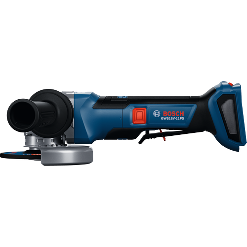Amoladora angular sin escobillas Bosch GWS18V-11PS con interruptor de palanca antibloqueo de 4-1/2–5" y 18 V, mostrada en una vista lateral.