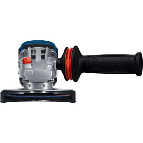 Amoladora angular sin escobillas Bosch GWS18V-11PSN con interruptor de palanca antibloqueo sin batería de 4-1/2–5" y 18 V, mostrada en una vista frontal.