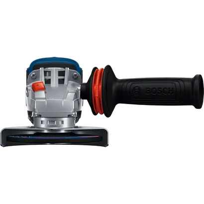 Amoladora angular sin escobillas Bosch GWS18V-11PSN con interruptor de palanca antibloqueo sin batería de 4-1/2–5" y 18 V, mostrada en una vista frontal.