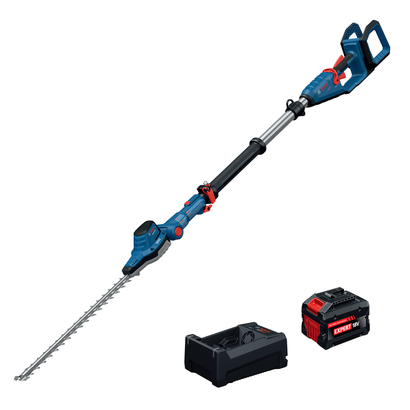 Kit de cortasetos telescópico Bosch GHE18V-50TPN18X de 18 V y 20", se muestra el cortasetos, la batería Expert de 18 V y 8 Ah, y el cargador.