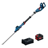 Kit de cortasetos telescópico Bosch GHE18V-50TPN18X de 18 V y 20", se muestra el cortasetos, la batería Expert de 18 V y 8 Ah, y el cargador.