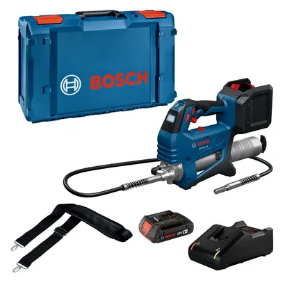 Kit de pistola engrasadora Bosch GFP18V-10 18V con una (1) batería de iones de litio 18 V de 2 Ah y un cargador para batería de iones de litio GAL18V-21 18V.