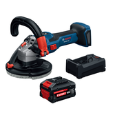 Bosch GBR18V-15SN18X 5 In. 18V Concrete Surface Grinder kit showing grinder, 8 Ah Expert 18V battery and battery charger.