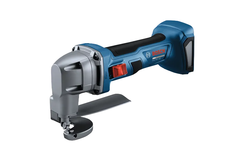 La cizalla para corte de metal Bosch GSC18V-16E de 18 V, calibre 16, con interruptor deslizable de bloqueo sobre un fondo blanco.