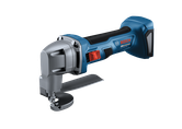 La cizalla para corte de metal Bosch GSC18V-16E de 18 V, calibre 16, con interruptor deslizable de bloqueo sobre un fondo blanco.