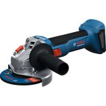 Amoladora angular Bosch GWS18V-8-2 Brushless sin escobillas 18 V 4-1/2" con interruptor deslizable, sin batería, se muestra en una vista dinámica.