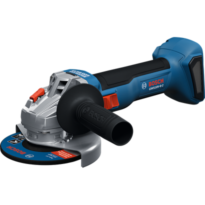 Amoladora angular Bosch GWS18V-8-2 Brushless sin escobillas 18 V 4-1/2" con interruptor deslizable, sin batería, se muestra en una vista dinámica.