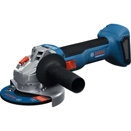 Amoladora angular Bosch GWS18V-8-2 Brushless sin escobillas 18 V 4-1/2" con interruptor deslizable, sin batería, se muestra en una vista dinámica.