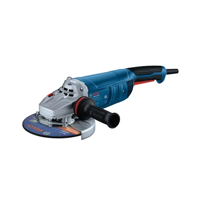 The Bosch GWS22-180J 7 In. Large Angle Grinder in a product image dynamic view on a white background.