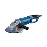 Amoladora angular grande Bosch GWS22-230J de 9", se muestra en una vista dinámica sobre fondo blanco.