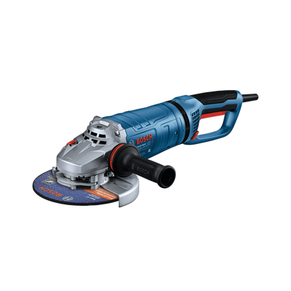 La amoladora angular grande Bosch GWS25-180JR de 7", se muestra en una vista previa dinámica del producto.