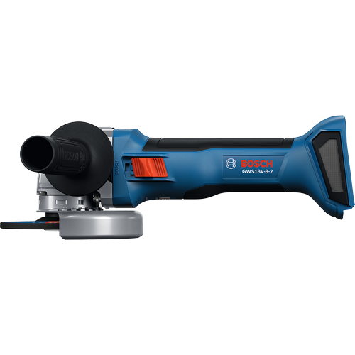 Bosch GWS18V-8-2 18V Brushless 4-1/2 In. Angle Grinder with Slide Switch without battery shown in a side profile view.