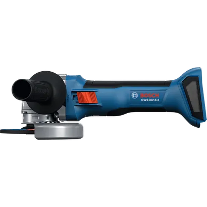 La amoladora angular Bosch GWS18V-8-2 de 18 V sin escobillas y 4-1/2", con interruptor deslizante, sin batería, mostrada en vista lateral.