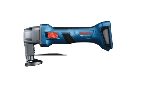 La cizalla para corte de metal Bosch GSC18V-16E de 18 V, calibre 16, con interruptor deslizable de bloqueo sobre un fondo blanco.