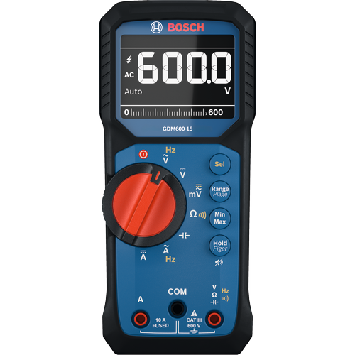 Multímetro digital Bosch GDM600-15, imagen frontal del producto con la pantalla encendida sobre fondo blanco.