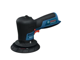 La pulidora automotriz inalámbrica Bosch GPX12V-125 en una vista dinámica del producto sobre un fondo blanco.