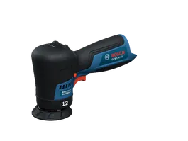 La pulidora automotriz inalámbrica Bosch GPX12V-77 de 12 V en una vista dinámica del producto sobre un fondo blanco.