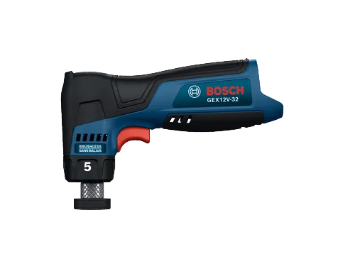 La lijadora automotriz inalámbrica Bosch GEX12V-32 de 12 V en una vista frontal sobre un fondo blanco.