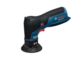 La lijadora automotriz inalámbrica Bosch GEX12V-77 de 12 V en una vista dinámica del producto sobre un fondo blanco.