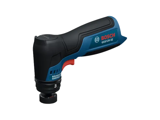 La lijadora automotriz inalámbrica Bosch GSS12V-32 de 12 V en una vista dinámica del producto sobre un fondo blanco.