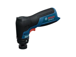 La lijadora automotriz inalámbrica Bosch GSS12V-32 de 12 V en una vista dinámica del producto sobre un fondo blanco.