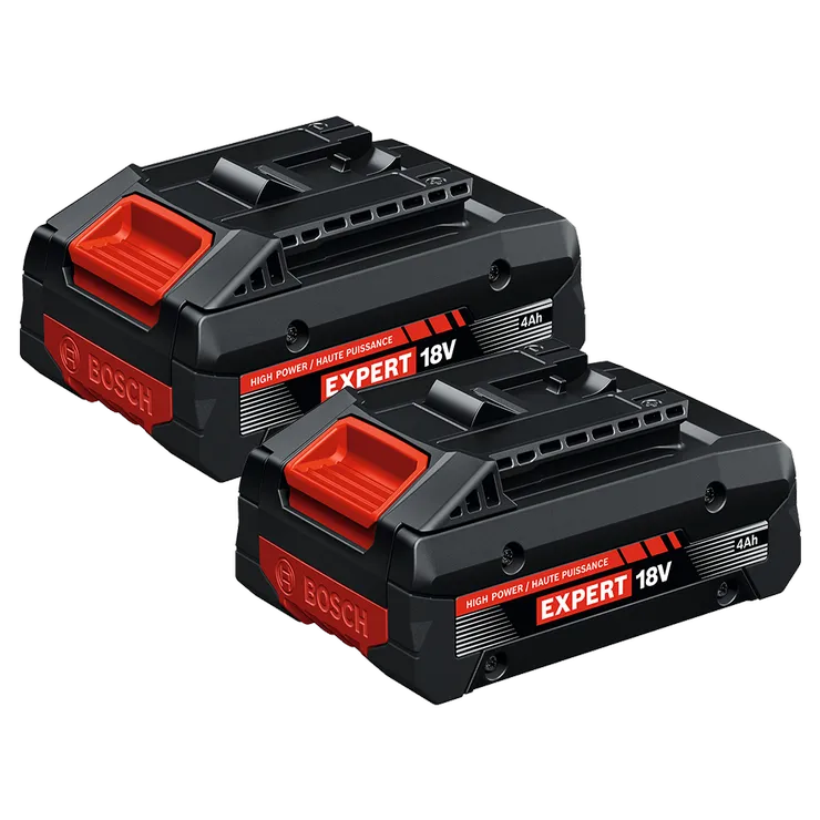 Paquete de dos baterías High Power de iones de litio Bosch EXBA18V-40 EXPERT de 18 V y 4 Ah, mostrado sobre un fondo blanco.