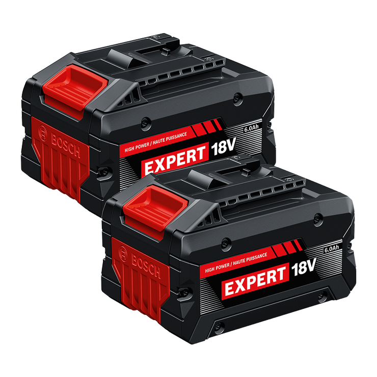 Paquete de 2 baterías High Power de iones de litio Bosch EXBA18V-60-2PK EXPERT de 18 V y 6 Ah, se muestra en una vista dinámica del producto.