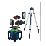 Imagen de un kit combinado de Bosch GRL18V-31K: láser giratorio horizontal de haz verde de 18 V con batería, cargador y trípode.