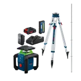 Imagen de un kit combinado de Bosch GRL18V-31K: láser giratorio horizontal de haz verde de 18 V con batería, cargador y trípode.