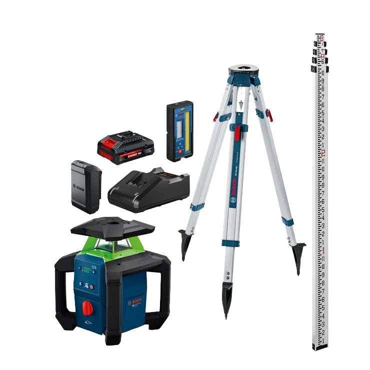 Imagen de un kit combinado de Bosch GRL18V-34K: láser giratorio horizontal/vertical de haz verde de 18 V con batería, cargador y trípode.