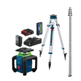 Imagen de un kit combinado de Bosch GRL18V-34K: láser giratorio horizontal/vertical de haz verde de 18 V con batería, cargador y trípode.